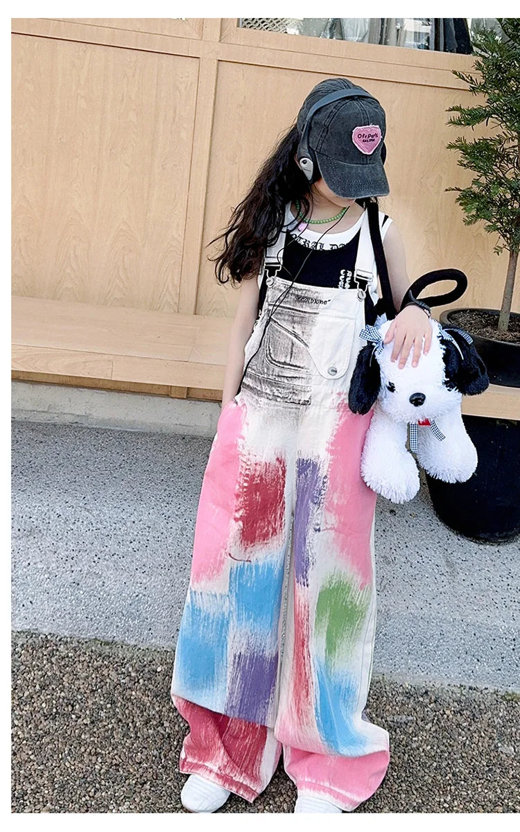 Child Stylish Denim Jumpsuit Dungarees with Drawings for Girl High Fashion Streetwear Suspender Overall Kids Colored Strap Jeans