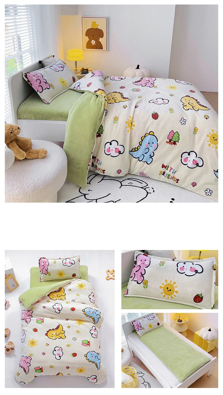 Baby Cartoon Print Bedding Set Duvet Covers Pillowcases Set Autumn Winter Warm Suede Bedclothes Bed Linen CP29