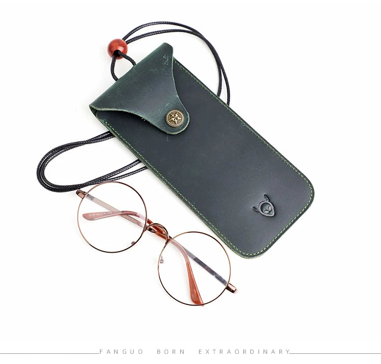 Solid Color Genuine Leather Reading Glasses Bag Case Handmade Leather Sunglasses Pouch Simple Eyewear Storage Pocket Accessories