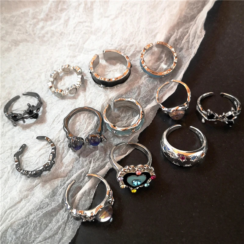Y2K Kpop Crystal Heart Star Adjustable Irregular Geometry Punk Vintage Harajuku Rings Set For Women Girl Fashion Grunge Jewelry