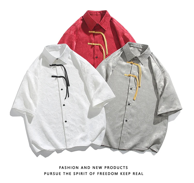 2024 Men Chinese Style Shirt Mens Tang Dress Hanfu Half-Sleeve Shirt Male Printing Kung Fu Outfit Loose Casual Tops