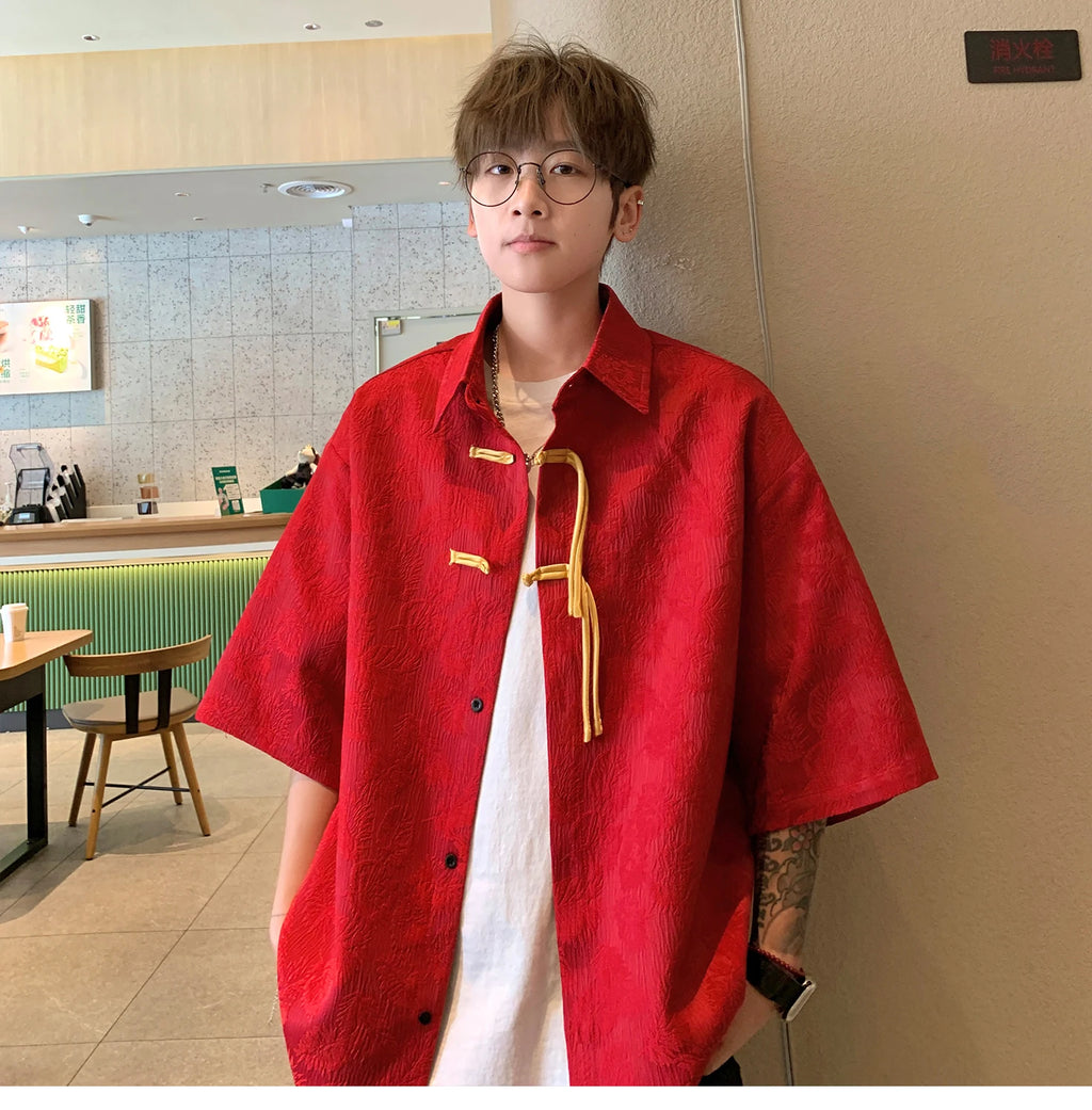 2024 Men Chinese Style Shirt Mens Tang Dress Hanfu Half-Sleeve Shirt Male Printing Kung Fu Outfit Loose Casual Tops