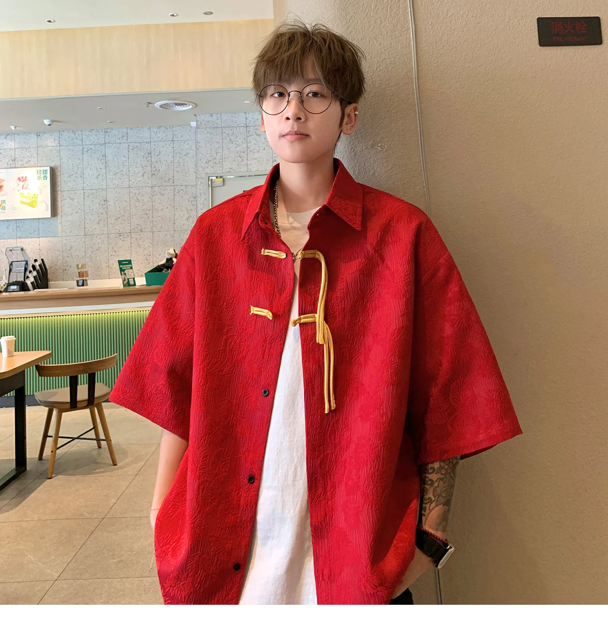 2024 Men Chinese Style Shirt Mens Tang Dress Hanfu Half-Sleeve Shirt Male Printing Kung Fu Outfit Loose Casual Tops