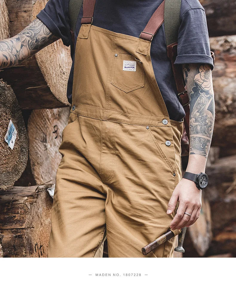 Japanese Vintage Khaki Suspenders Bibs Spring Autumn Canvas Cargo Pants Streetwear Men Rompers Full Length Trousers Jumpsuits