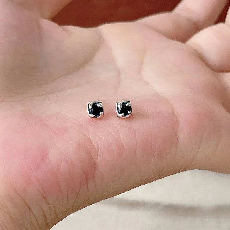 Mini Personality 925 Sterling Silver Square Black Crystal Stud Earrings for Woman Men Korean Designer Hip-hop Rock Jewelry Gifts