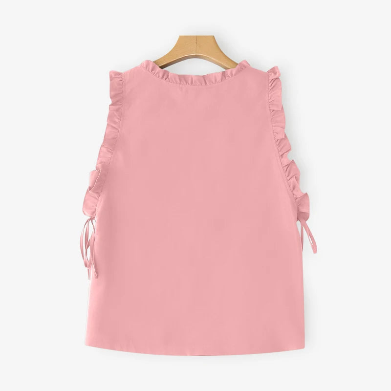 ZANZEA Women Tank Tops 2025 Summer Bandage Casual Loose Tees Sexy Sleeveless Solid Color Shirts Round Neck Ruffled Blusas Tops