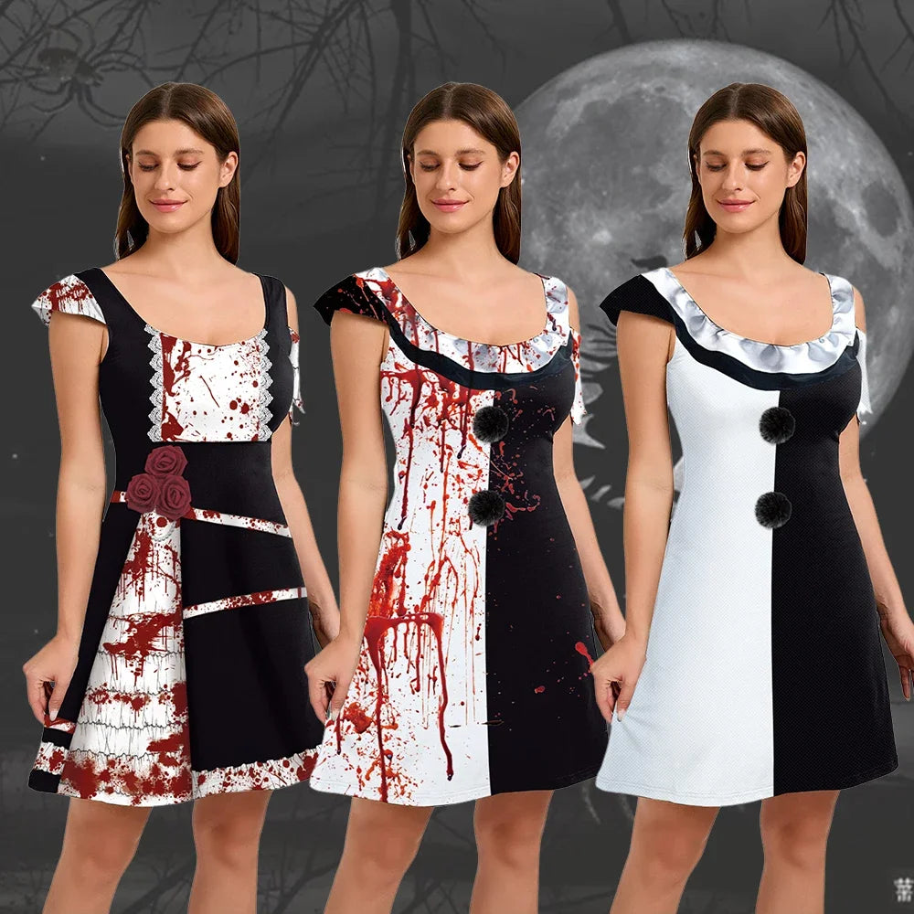 Halloween Clown Dress for Women Cosplay Terrifier 3 Bloody Costumes Adult Horror Bleed 3D Print Party Carnival Party Fancy Dress