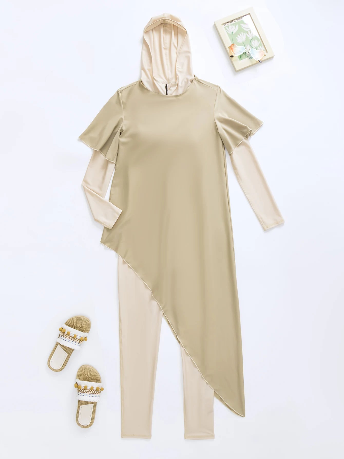 2pcs Beige Burkini Femmes Swimsuit set for Muslim women Burkini with Hooded All Cover beach Wear diving suit with SPF50+