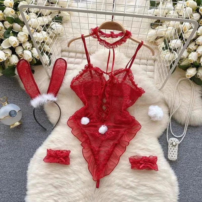 Sexy Cute Sweet Lace Backless Jumpsuit Women Slim Fit Bodysuit Girl Strap Bow knot Cosplay Hot Sweet Bow Ribbon Lingerie Dress
