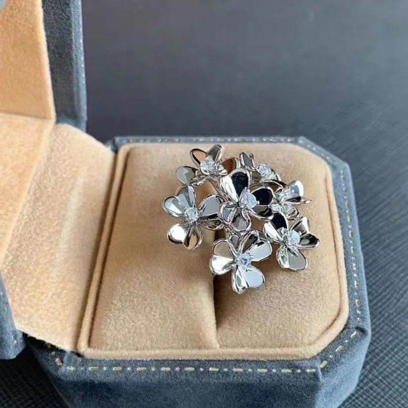 Fashion luster diamonds inlaid floral petal rings for women light luxury fashion flower ring couple high-end jewelry gift