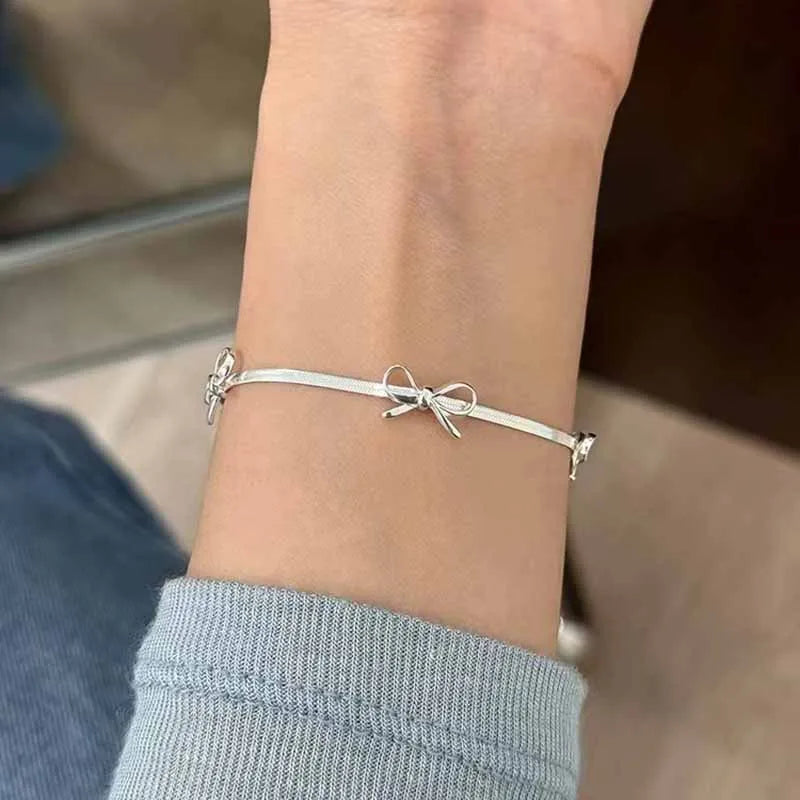 New 925 Sterling Silver Bow Bracelet Simple Personality Charm Geometric Shape Bracelet Birthday Gift Women's Exquisite Jewelry