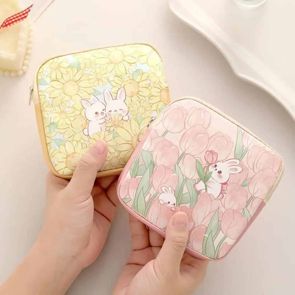 Cute Rabbit Floral Storage Bag, Mini Sanitary Napkin Organizer,Portable Cosmetic Pouch for Women,Data Cables Coin Purse Bag