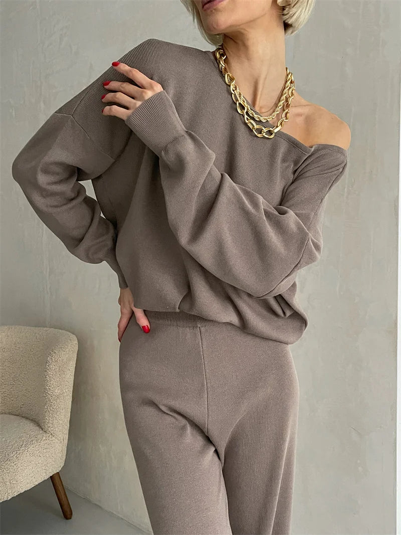 Elegant Winter Knit Pants Set Woman Sexy Loungewear 2 Piece Sweater Matching Sets Women Casual Knitted Two Piece Sets Women 2024