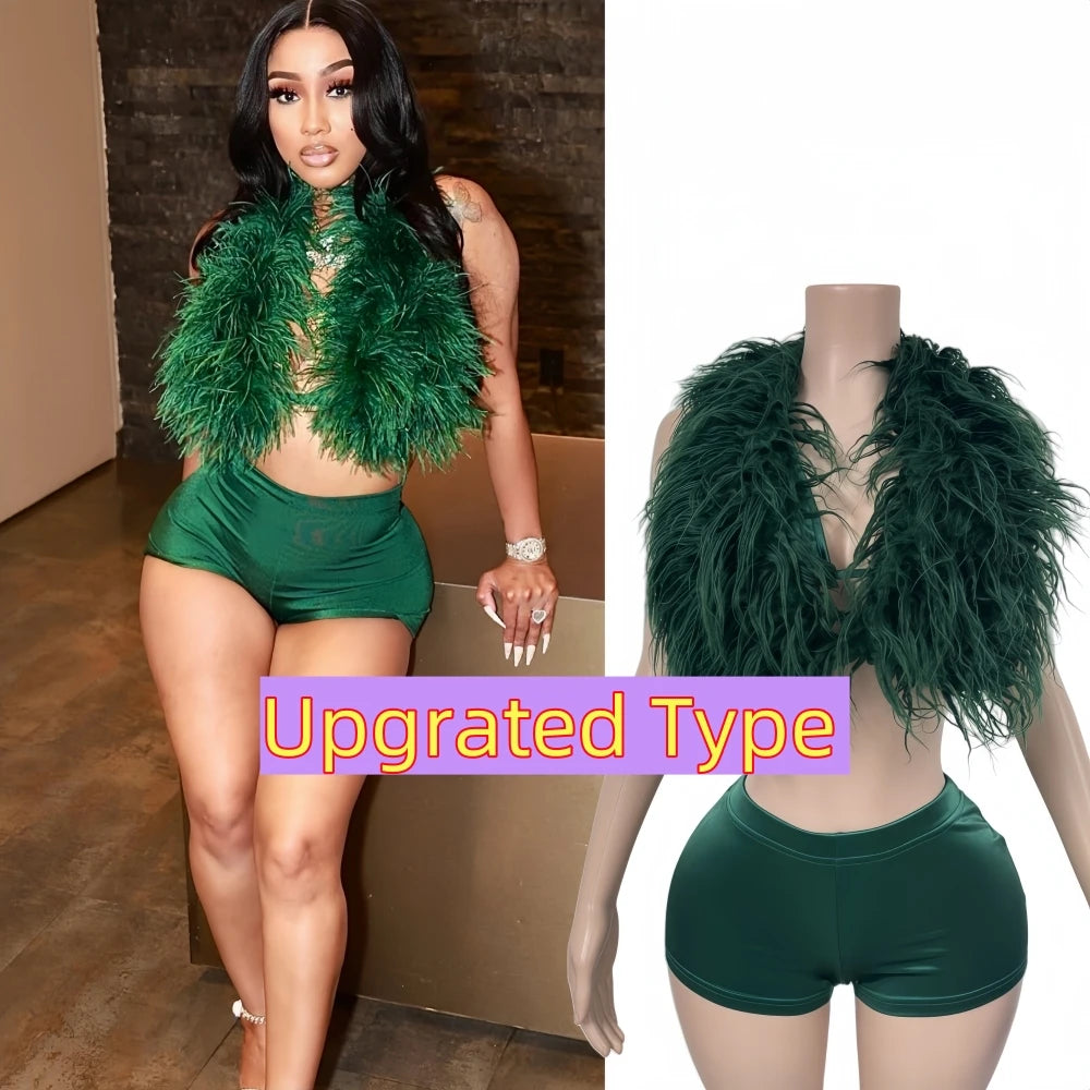 HLJ&GG Fashion Y2K Fur Hollow Out Streetwear Women Sleeveless Slim Crop Top And Shorts Outfits Female Trend 2pcs Outfits 2025
