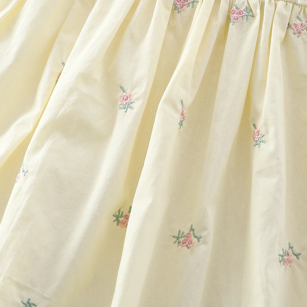 Summer Girls' Solid-color Flying Sleeve Princess Dress Round-neck Embroidered Casual Dress Children's Clothing