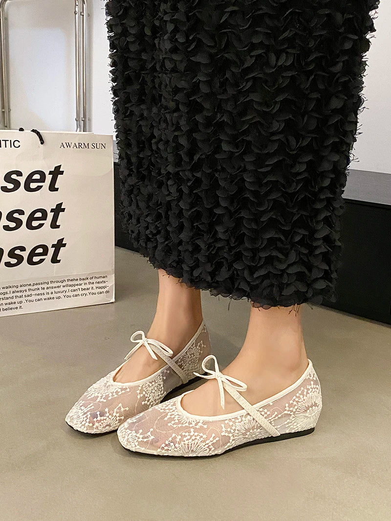 Mesh lace inner heightening women's shoes 2025 summer new sexy square head shallow breathable ballet shoes bow flat shoes