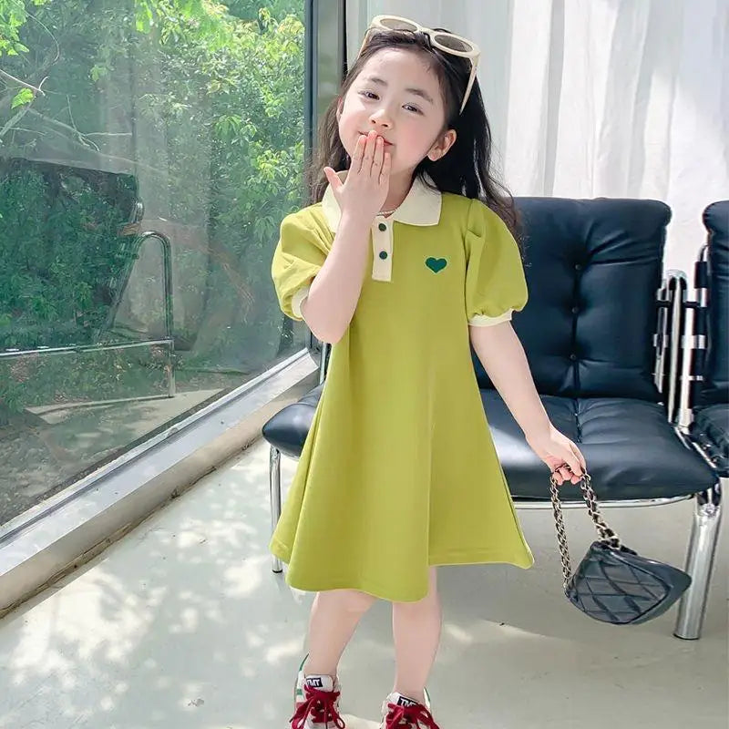 2025 New Children's Dress Girls' Summer Korean Edition Fashion Casual Striped Collar Short sleeved Dress1-10Y