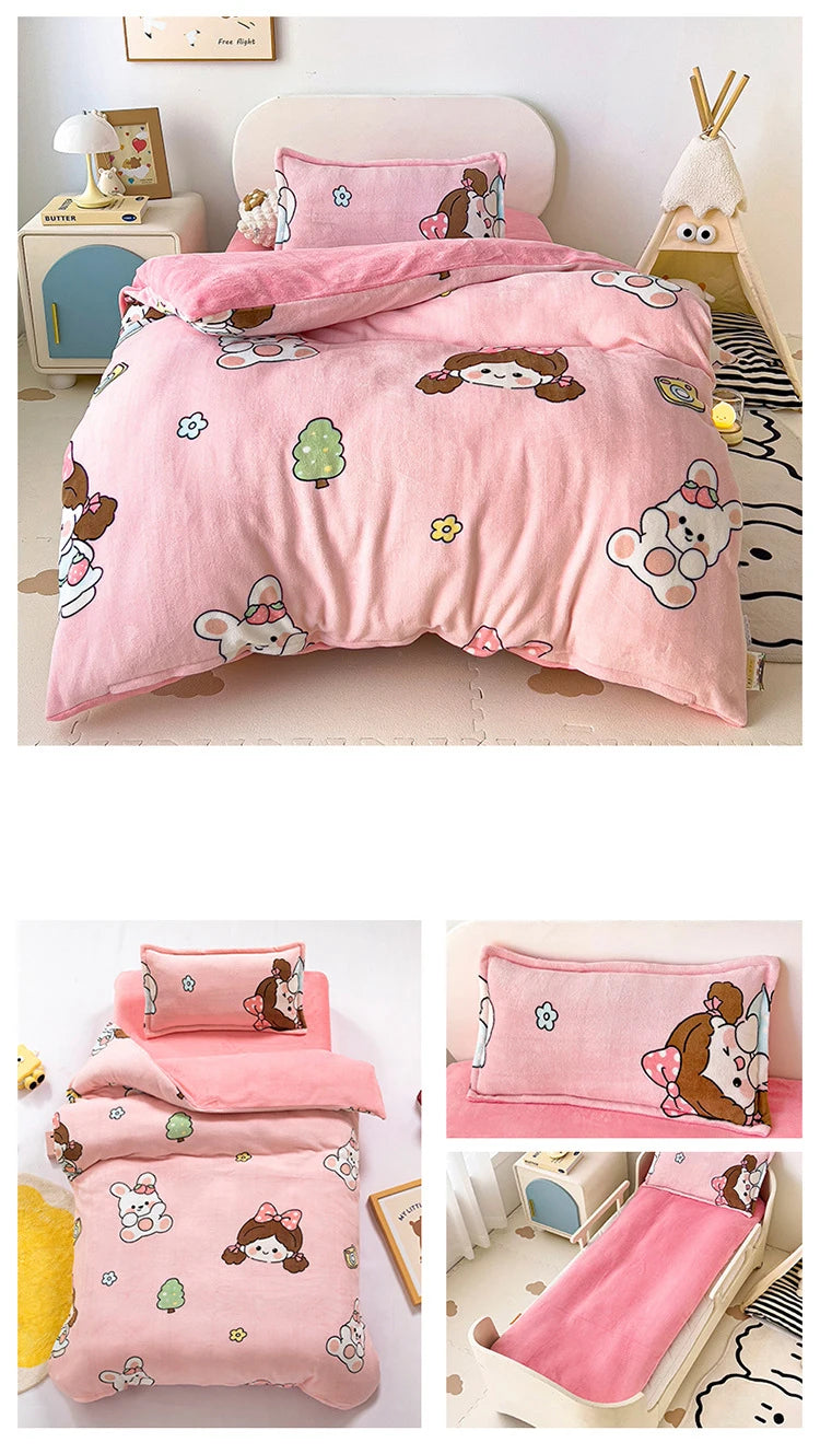 Baby Cartoon Print Bedding Set Duvet Covers Pillowcases Set Autumn Winter Warm Suede Bedclothes Bed Linen CP29
