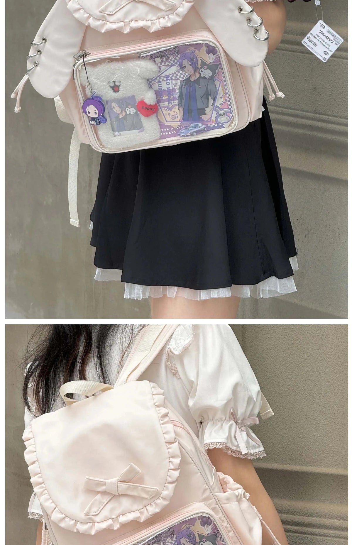 Original Two-dimensional Cute Transparent Large-capacity Backpack Women Sweet Bow Rabbit Ears Bags Preppy Style Kawaii Backpacks