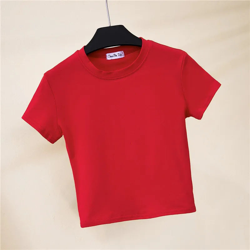 2023 Summer Crop Tops Women T-Shirt Casual Turtleneck Tee Shirt Woman Solid Cotton T Shirt Short Sleeve Top Tees Slim T-shirt