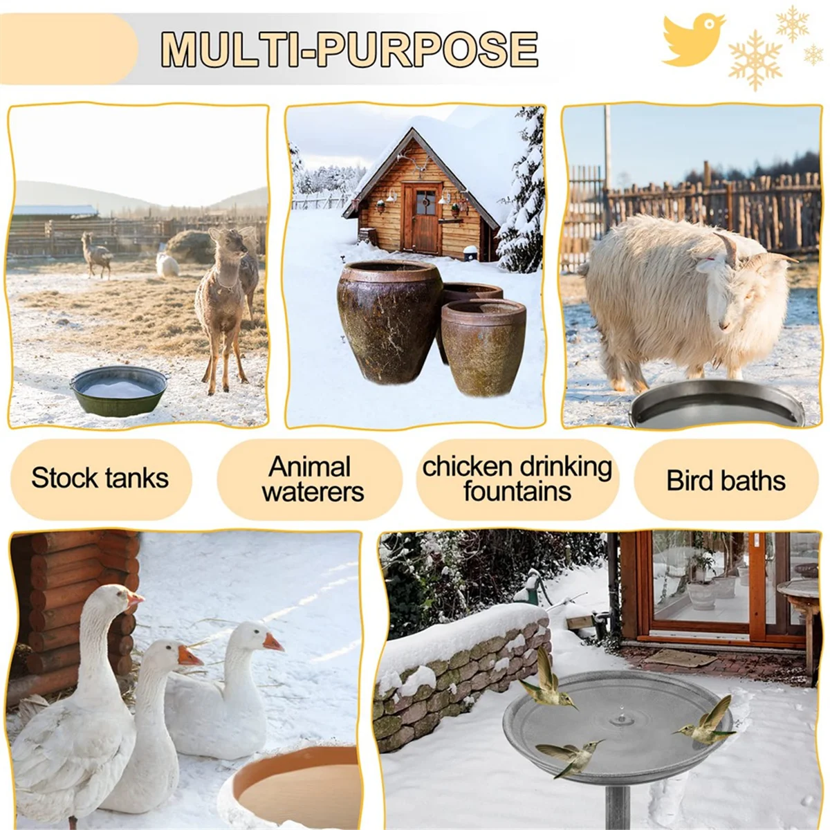 A59T Stronger Power 60W Bird Bath Heater, Birdbath Deicer with Thermostatically Controlled & Auto Shut US Plug