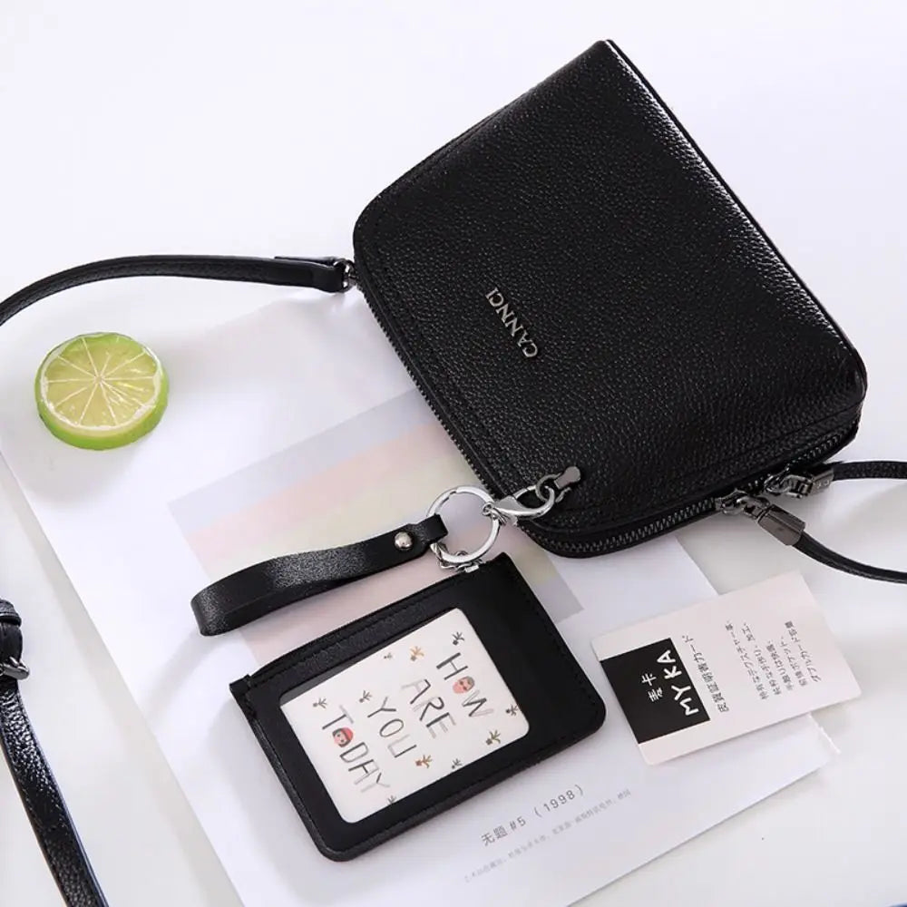 PU Leather Zipper Card Cover Bag ID Tag Bus Pass Card Cover Case Coin Purse Business Card Case with Hand Rope
