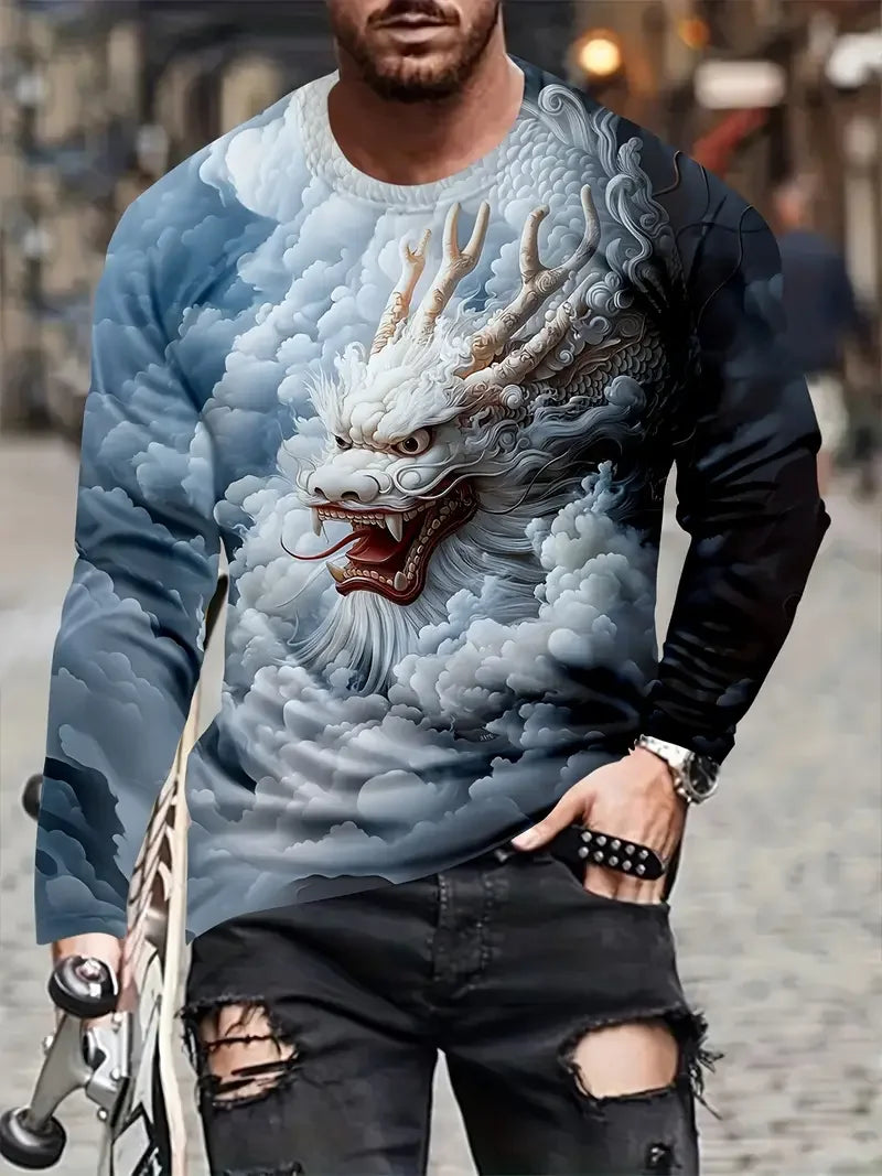 Vintage Men's Long Sleeve T-shirt 3D Golden Dragon Printed t shirts Harajuku Oversized Tops Casual Men's Outdoor Jogging T-Shirt