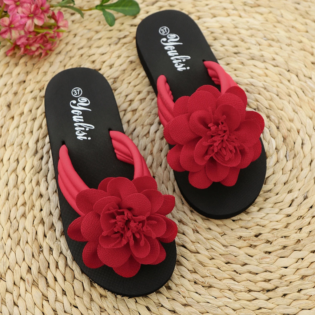 36-44 Women's Handmade Flower Decorated Flip Flops Slippers for Beach Vacation Casual Comfortable Flat Sandals Red Shoes
