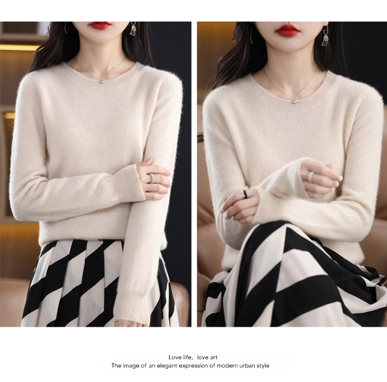 Women 100% Merino Wool Sweater O-Neck Long Sleeve Cashmere Knitwear Pullover Aliselect Fashion Autumn Winter Clothing Tops