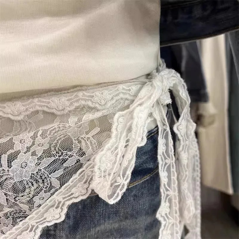 Lace Trim Bandana Triangle Scarf Delicate Ins Ruffled Lace Hair Scarf 2-in-1 Head Band Waist Accessory for Y2K Outfits Headscarf