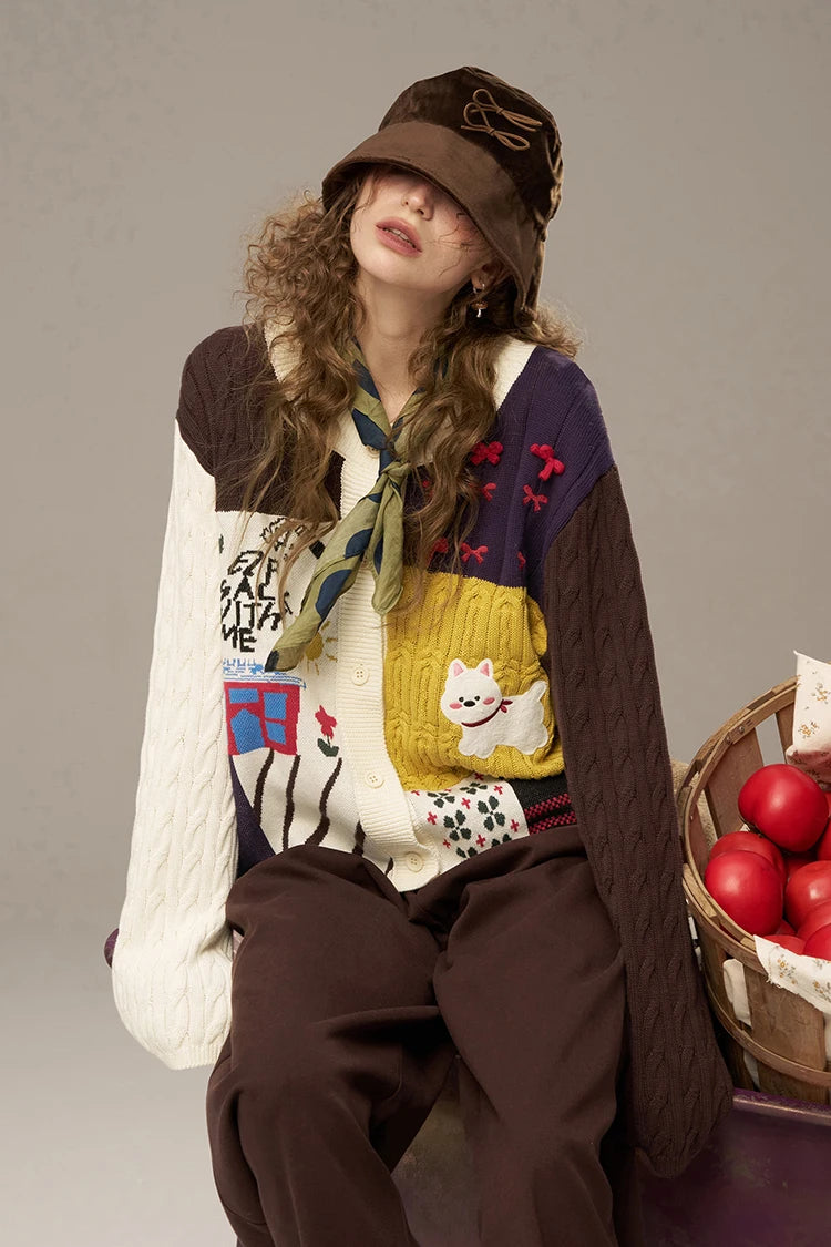 ELFSACK 2025 Autumn New Arrivals Casual Cute Color Block Puppy Cartoon Embroidery Cardigan Sweater For Woman