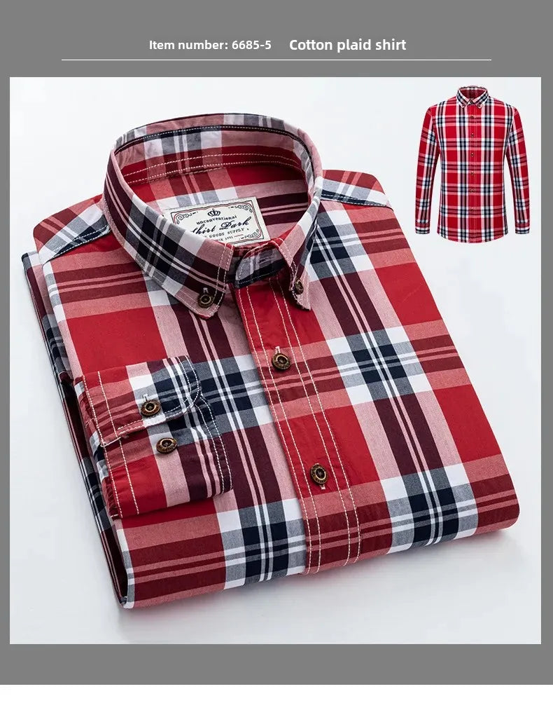 Neue Herren-Langarmhemd aus reiner Baumwolle im Karomuster Frühling Ganzbaumwoll-Freizeithemd Koreanischer Stil Schlank machend Glättet Ihre Silhouette Bügelfrei