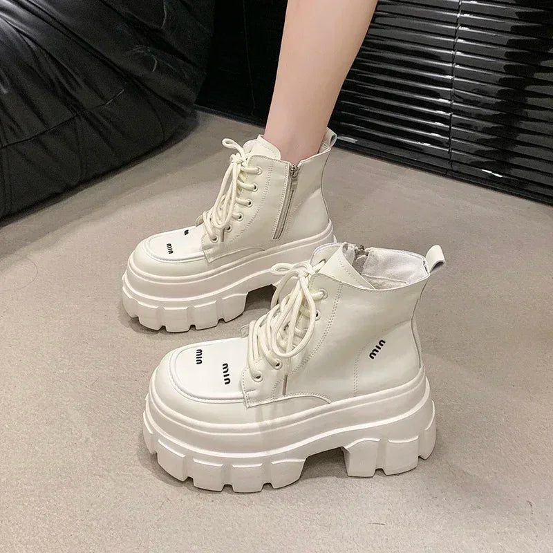 9CM Autumn High Platform Leather Boots Wedge Heels Ankle Boots Winter Women Lace-up Warm Shoes Motorcycle Chunky Sneakers Woman