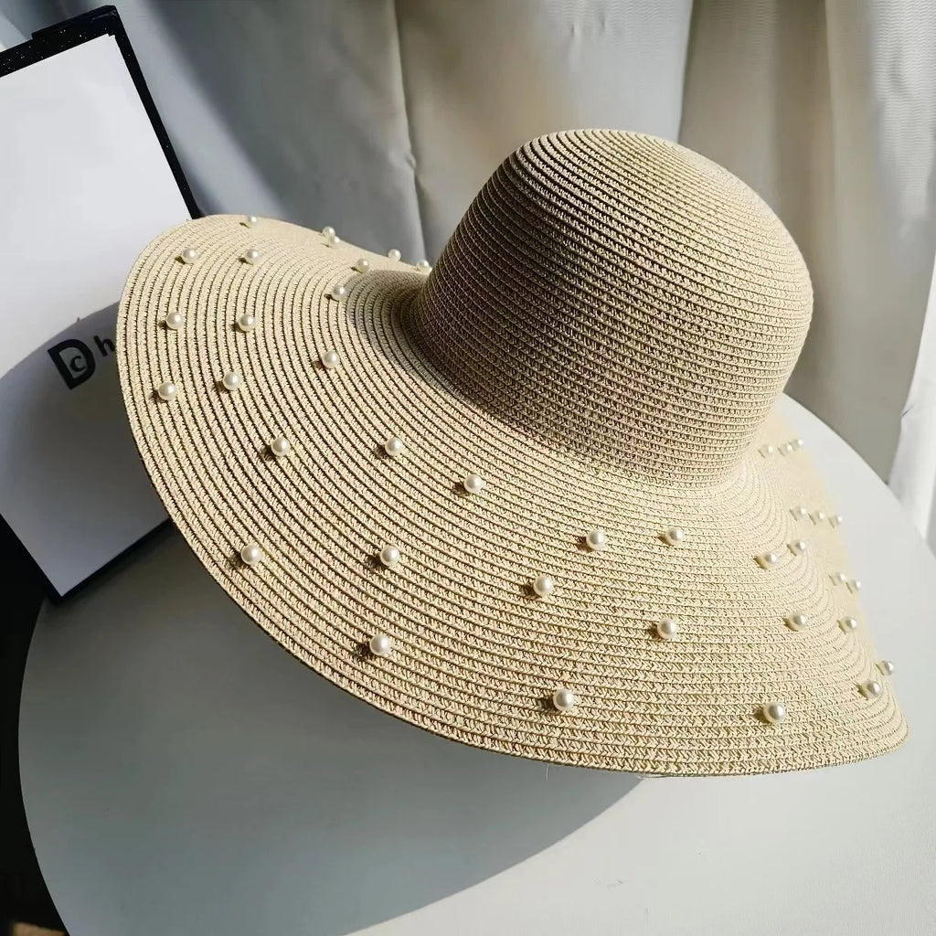 Hand made Pearl Straw Hat For Women's Summer Wide side Jazz Dress Cap Holiday Sun Protection Beach Hats