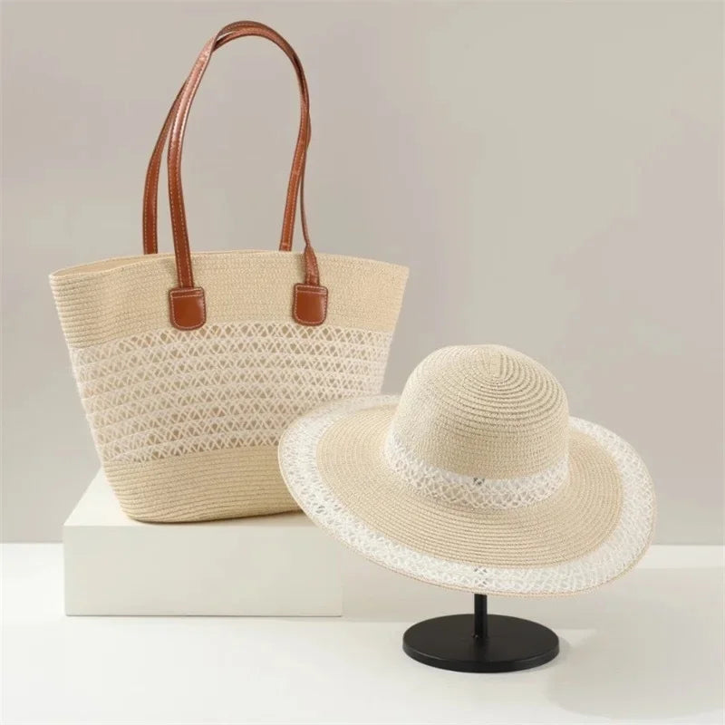 Large Capacity Straw Woven Bag And Hat Set for Outdoor Travel Face Slimming Wide Brim Sunshade Tote Bag Trendy Bucket Handbag