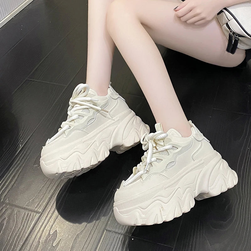 Women Platform Casual Breathable Mesh Shoes 2025 New Summer Chunky Sneakers 8.5CM Wedges Hidden Heels Hollow Leisure Shoes Woman