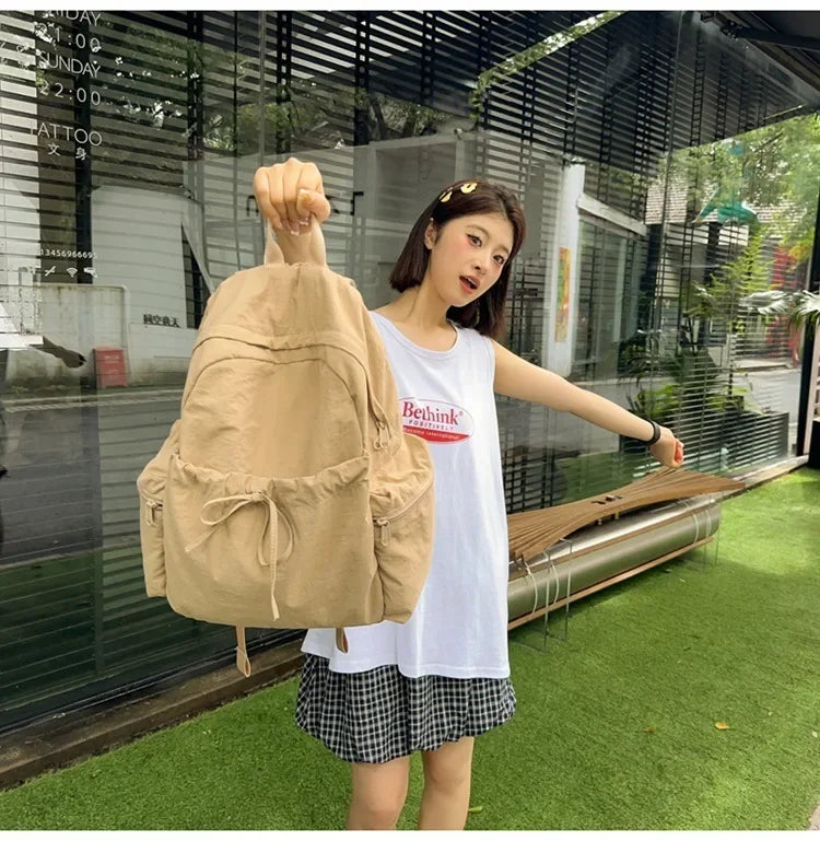 Japanese Style Student Backpack Solid Color Bow Travel School Bag Lightweight and Fashionable Women's Backpack New Simple Casual
