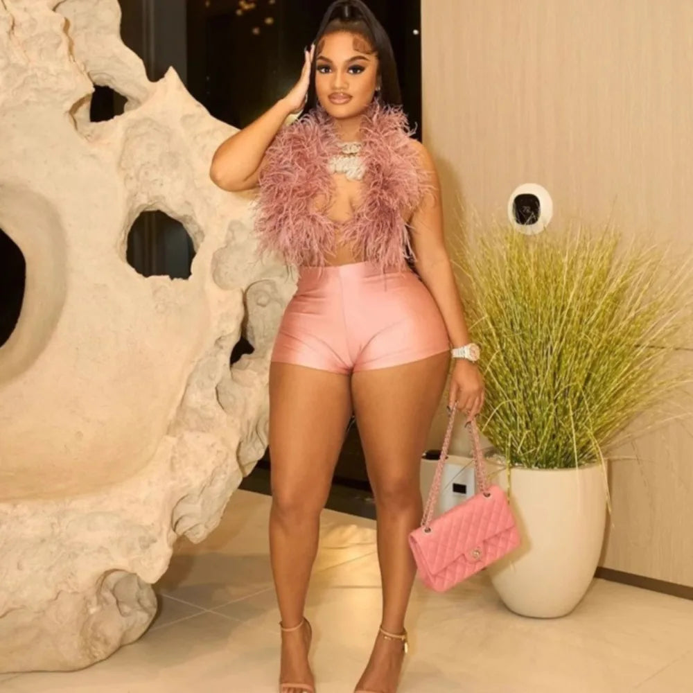 HLJ&GG Fashion Y2K Fur Hollow Out Streetwear Women Sleeveless Slim Crop Top And Shorts Outfits Female Trend 2pcs Outfits 2025