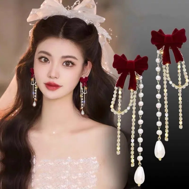 Vintage Wine Red Flocking Flower Drop Earrings For Women Jewelry 2026 Trending Long Bowknot Crystal Pearl Bridal Dress Earrings