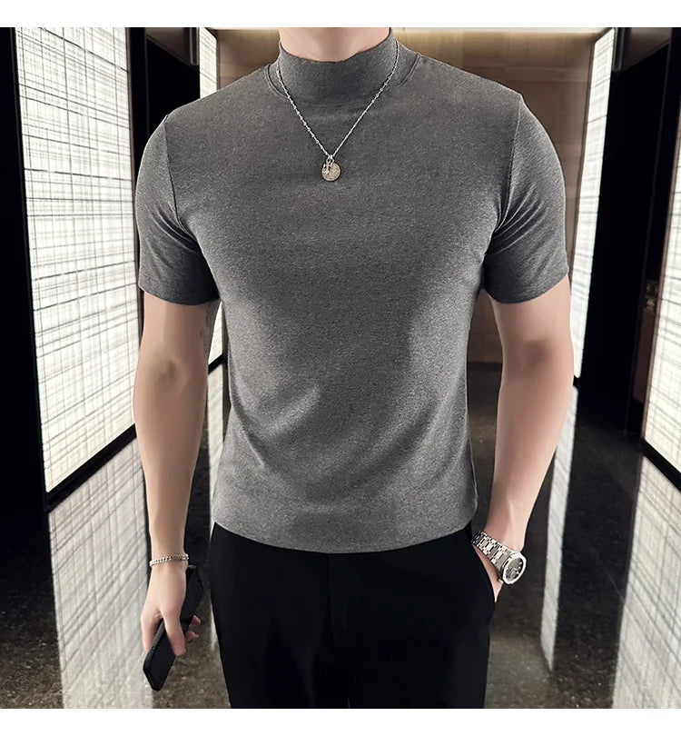 Spring Summer Men's Half High Neck Short Sleeve T-shirt Korean Slim Fit Solid Color Bottom Shirt Casual Cotton Elastic T-shirts