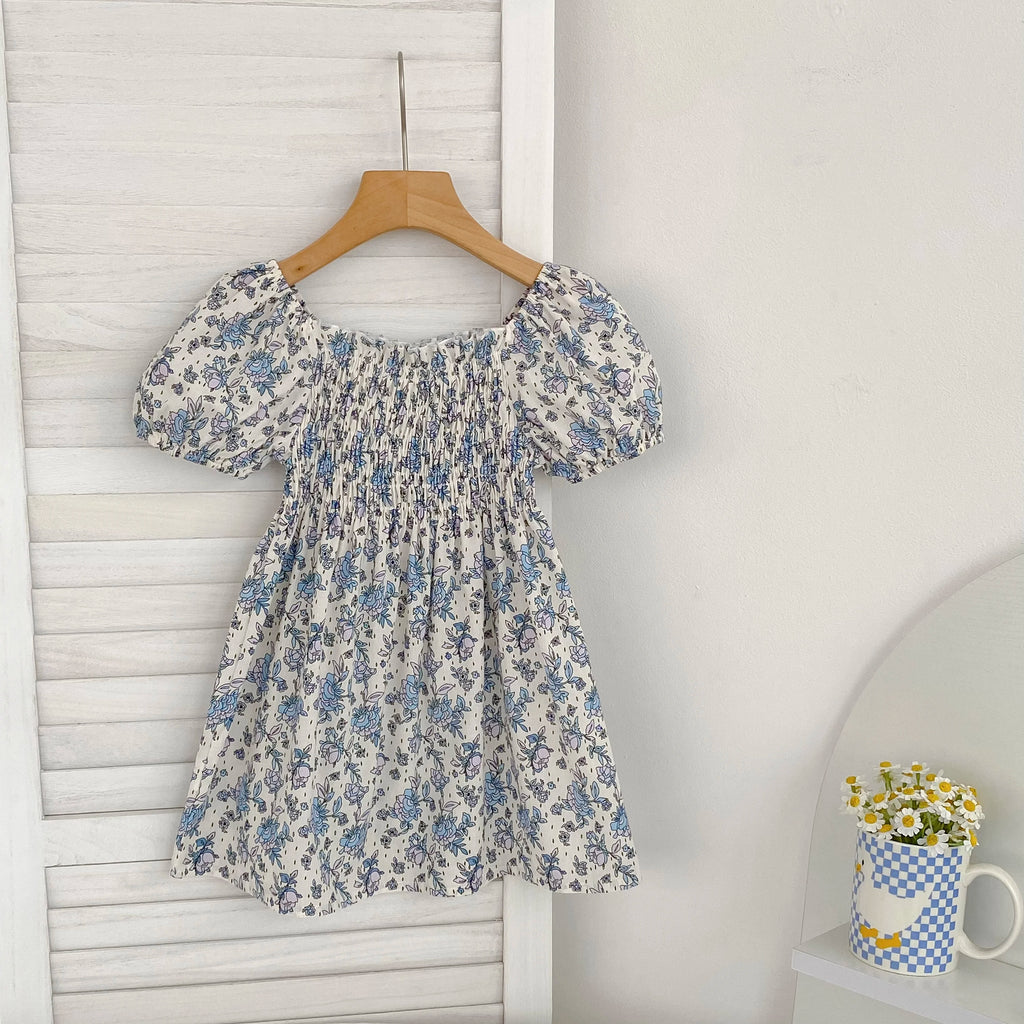 Toddler Girls Floral Princess Dress Little Girl Cotton Short Sleeve Blue Flowers Party Dress Summer Casual Dresses Kids Clothes