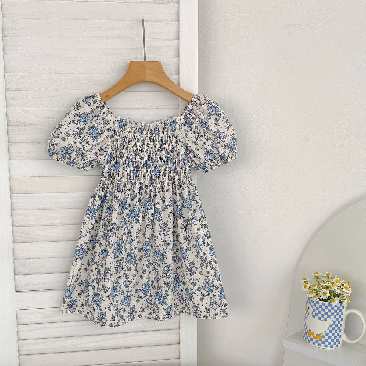 Toddler Girls Floral Princess Dress Little Girl Cotton Short Sleeve Blue Flowers Party Dress Summer Casual Dresses Kids Clothes