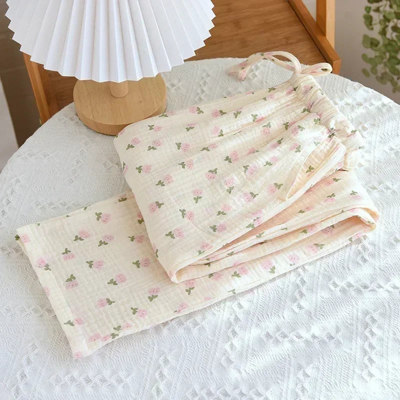 Spring New Pajamas Pants for Women Crepe 100% Cotton Loose Casual Straight Trousers Home Clothes Checkerboard Sleep Pants