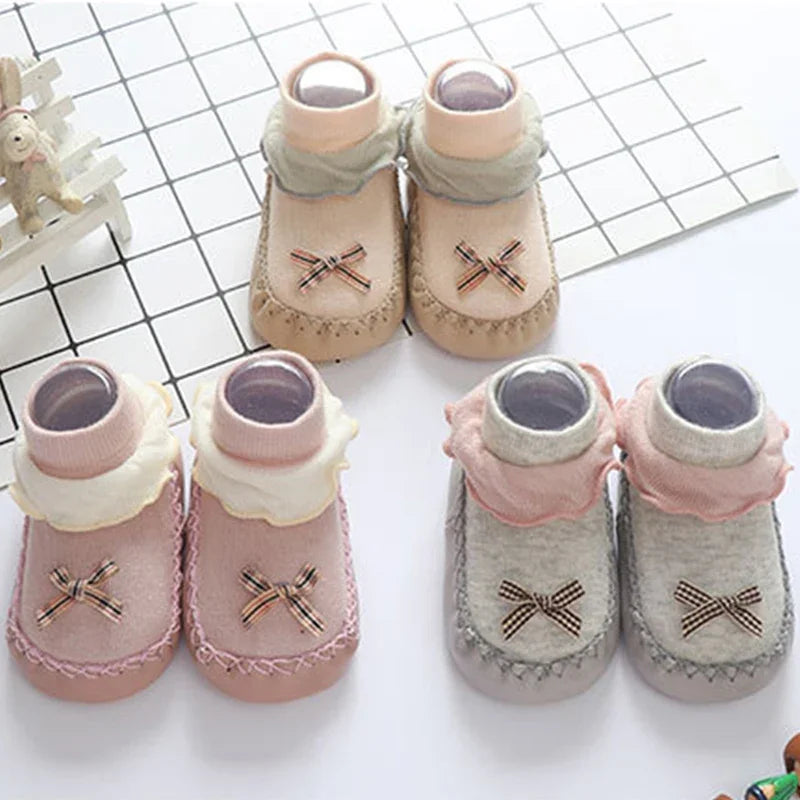 Baby Walking Socks Soft Sole Shoes 0-2Year Newborn Early Education Adhesive Anti Slip Floor Sock Cute Bow Shoe Kids Footwear