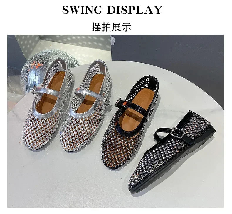 Luxury Crystal Rhinestone Fishnet Ballet Flats Woman Brand Design Rivet Mesh Mary Jane Shoes Ladies Summer Loafers Plus Size 42