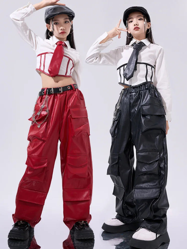 Girls Hip Hop Crop Top Pu Leather Cargo Pants Child School Uniform Costumes Kids Streetwear Jazz K-pop Street Dance Clothes Sets