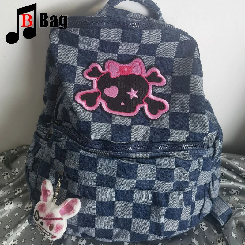 Harajuku Women Girl Cute Little skull Lattice Shoulder Bags Backpack Students Large Capacity Backpacks book bag Computer Handbag