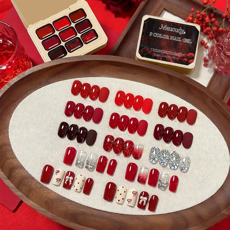 9-Color Wine Red Sticky Solid Nail Polish Set - New Trends: Tomato Red, Cherry Red, Solid Nine-Square Grid Nail Polish