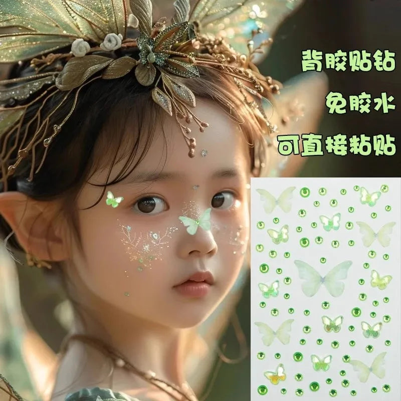 3D Cute Facial Stickers Kid Stage Makeup Self-Adhesive Butterfly Crystal Diamond Stickers Christmas Halloween Gift For Kids