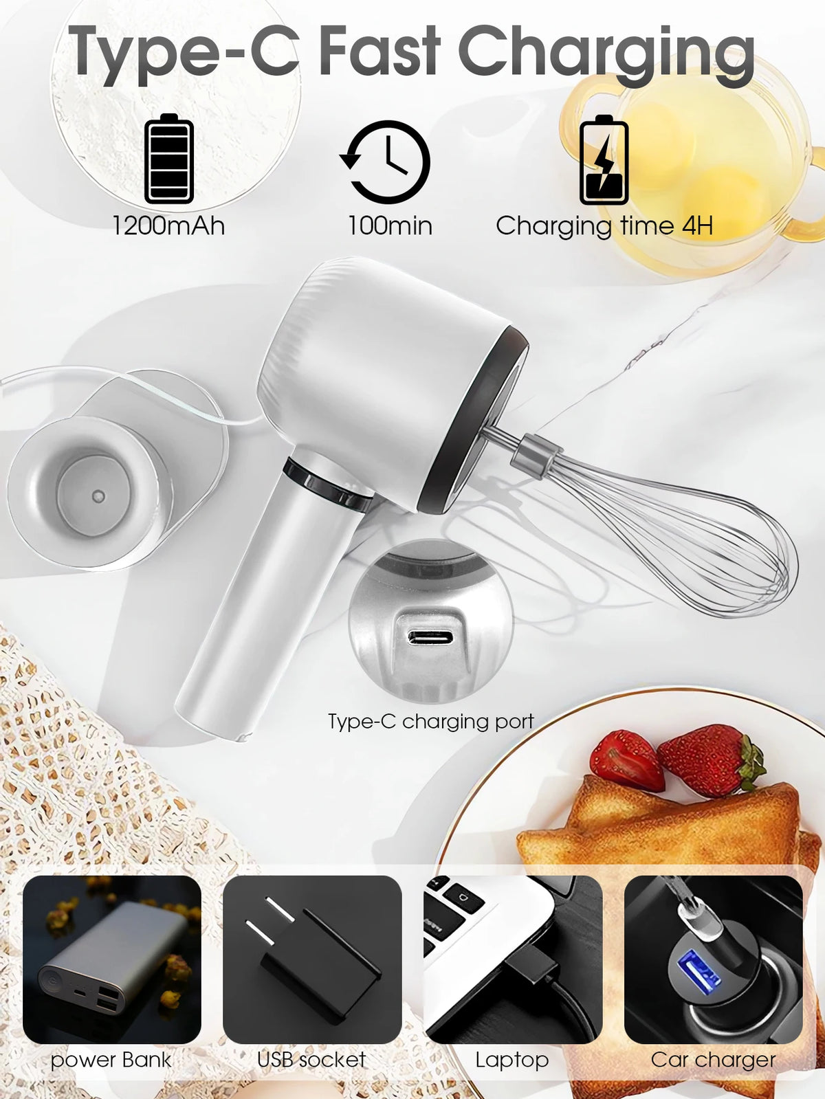 Electric Whisk Twin Stick Model Electric Milk Froth USB Rechargeable 1200mAh 3 Speed Electric Mixer Cake Baking Kitchen Tools
